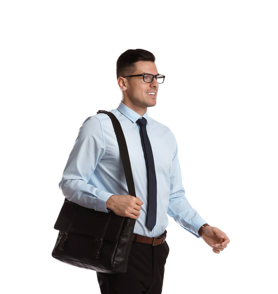 Businessman with stylish leather briefcase on white background - Fotó, kép