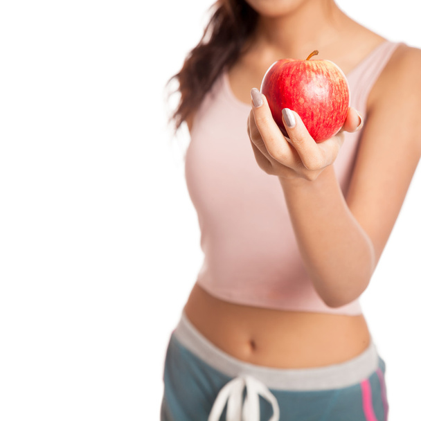 Asian healthy girl smile with red apple - Foto, Imagem