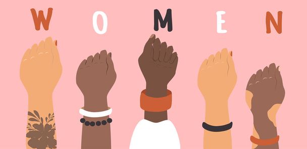  векторна ілюстрація в плоскому стилі на тему фемінізму, боротьба за права жінок. руки жінок різних рас кліща кулаків
. - Вектор, зображення
