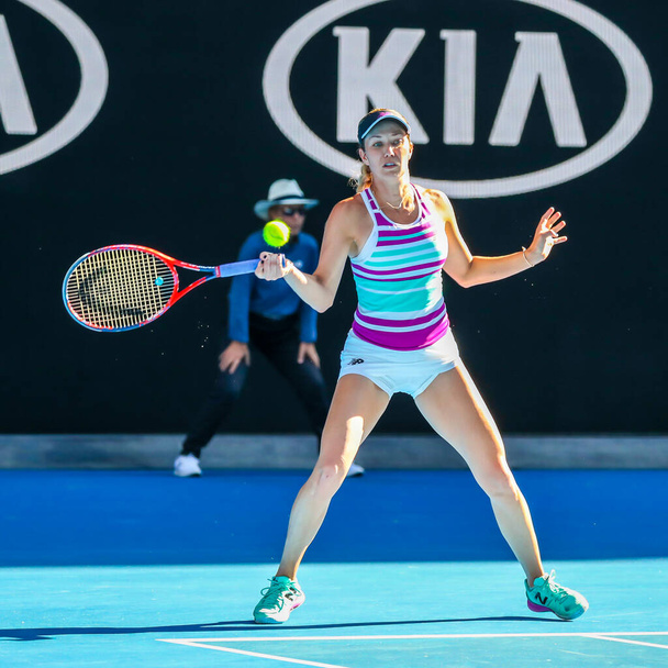 MELBOURNE, AUSTRALIA - JANUARY 22, 2019: Professional tennis player Danielle Collins of United States in action during her quarter-final match at 2019 Australian Open in Melbourne Park - Fotoğraf, Görsel