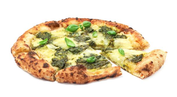 Delicious pizza with pesto, cheese and basil on white background - Foto, imagen