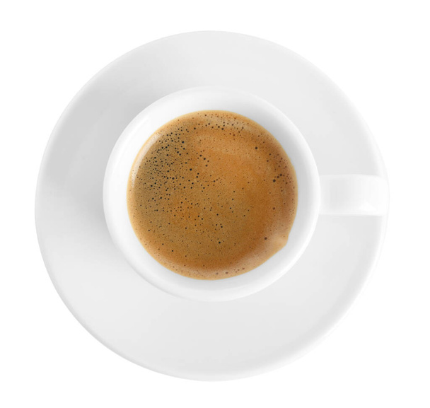 Cup of tasty coffee isolated on white, top view - Fotó, kép