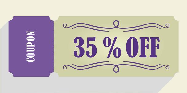 35% off coupon vector. thirty five percent discount coupon. Purple and beige colors.  Perforated coupon. Drop shadow. - Vector, Image