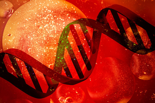 Двойная спираль ДНК на абстрактном светящемся фоне. 3D рендеринг структуры ДНК. - Фото, изображение