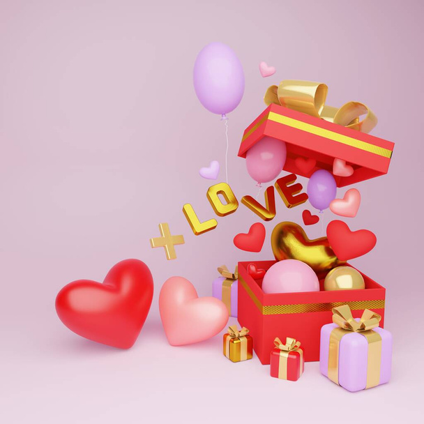 3d render illustration, valentine's day, beautiful composition with hearts. Modern greeting card template for decorative design. Pink background. Romantic background. - Valokuva, kuva