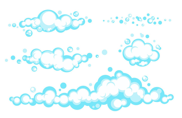 Set di schiuma di sapone cartone animato con bolle. Suds azzurro di bagno, shampoo, rasatura, mousse. Illustrazione vettoriale. EPS 10 - Vettoriali, immagini