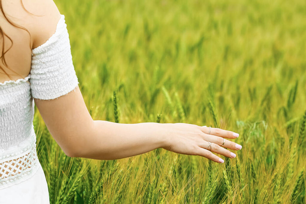 Woman in green wheat field, closeup - Photo, image