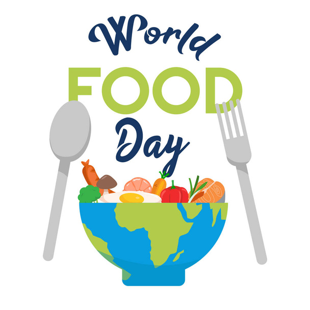 Illustration of a bowl with various fruits and other foods in celebration of world food day - Vector, Image