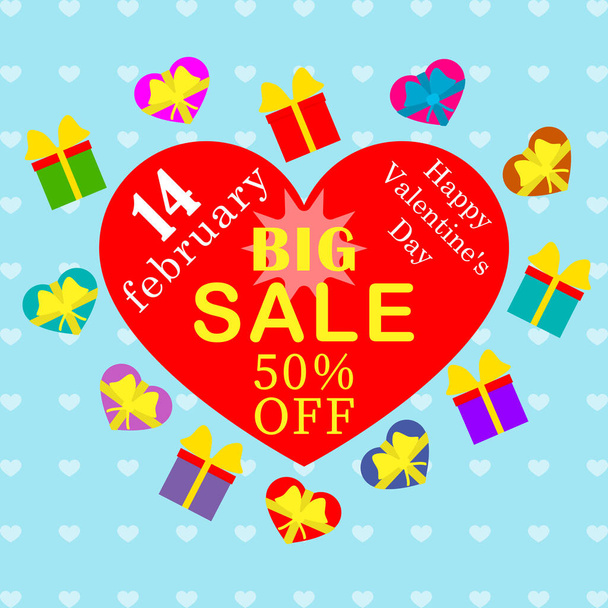 Valentines day sale offer, poster banner design with big heart and falling gifts. Vector illustration. Editable template. - Vector, Image