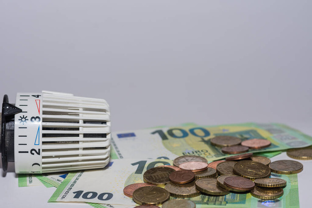 Energieprijzen stijgen en energieverbruik thermostatische regelgever van verwarming met eurobiljetten en -munten onderaan macro-view - Foto, afbeelding
