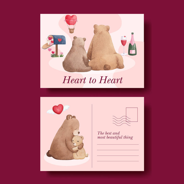 Postkaart sjabloon met grote liefde knuffel Valentijnsdag concept, aquarel styl - Vector, afbeelding