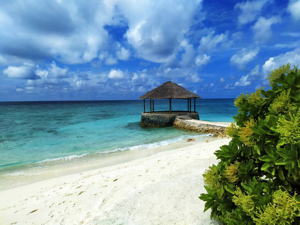Maldives, the deserted beach with water cafe. A white sand, turquoise ocean and a blue sky. - Foto, Imagem