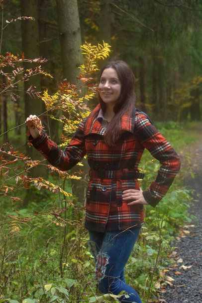 brunette girl in a plaid coat in the autumn park - Фото, зображення