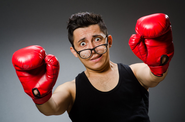 Смішний боксер з червоними рукавичками на темному тлі
 - Фото, зображення