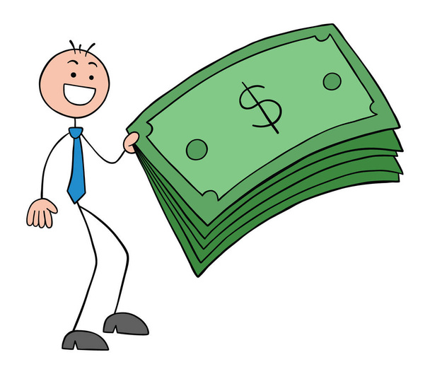 Stickman homem de negócios é muito feliz e está segurando o dinheiro de papel que ele ganhou. Desenho à mão desenho animado ilustração vetorial. - Vetor, Imagem