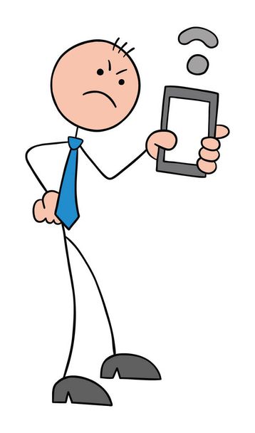 Stickman zakenman houdt de telefoon vast en wordt gefrustreerd door een zwak wifi signaal. Handgetekende schets cartoon vector illustratie. - Vector, afbeelding