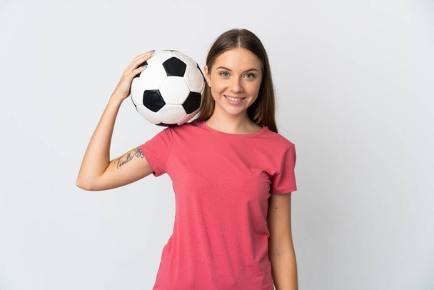 Junge Litauerin isoliert auf weißem Hintergrund mit Fußball - Foto, Bild