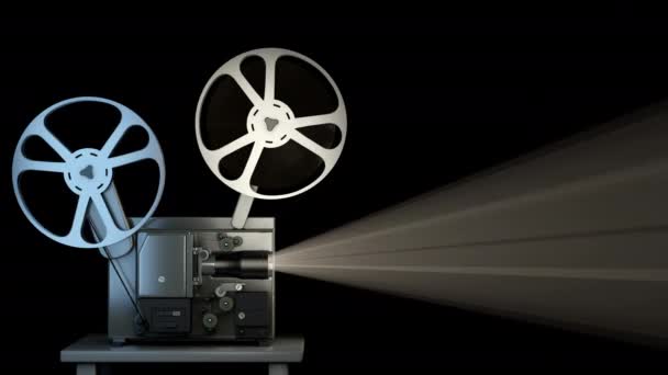 Μεμονωμένος προβολέας ρετρό κινηματογράφου παίζει παλιά ταινία στο μαύρο φόντο - Πλάνα, βίντεο