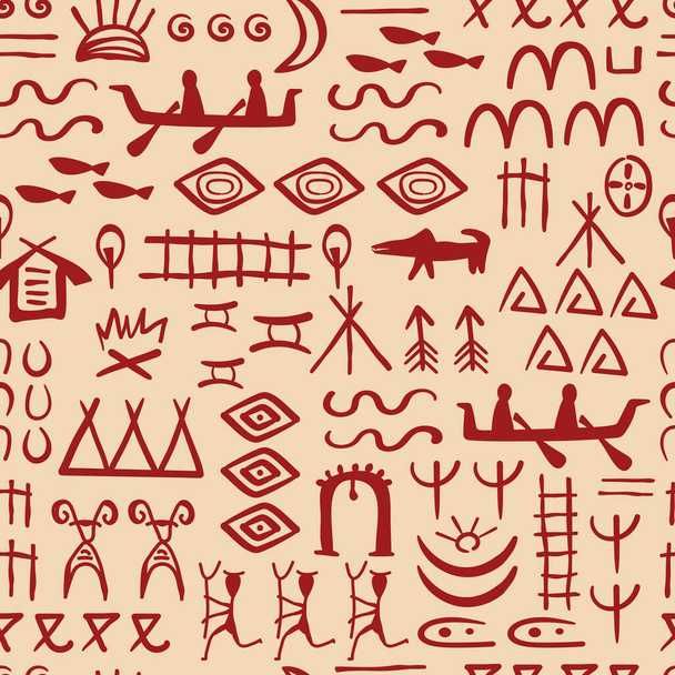 Etnische tribale symbolen en ornamenten van inheemse volkeren naadloos patroon. Ontwerp voor weefsels en andere oppervlakken. - Vector, afbeelding