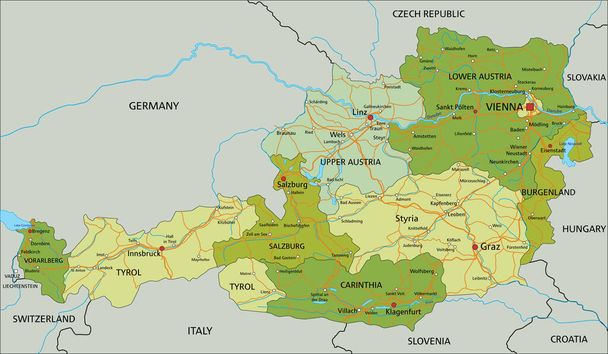 Ausztria - Nagyon részletes, szerkeszthető politikai térkép különálló rétegekkel. - Vektor, kép
