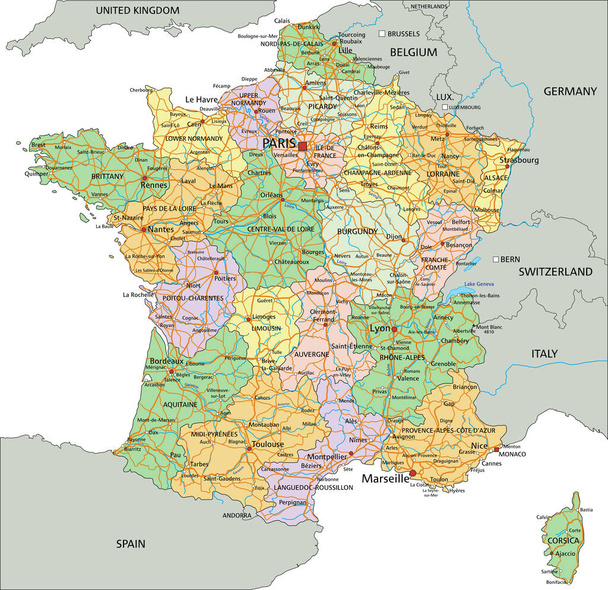 Франція - надзвичайно детальна редагована політична карта з маркуванням. - Вектор, зображення