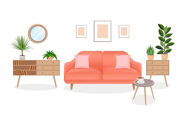 Moderno soggiorno interno con mobili e piante da casa. Progettazione di una stanza accogliente con un divano e oggetti per la casa. In bagno. Illustrazione in stile piatto vettoriale - Vettoriali, immagini