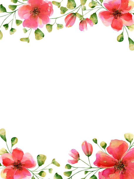 Aquarelle Modèle d'invitation avec des fleurs roses rouges et des branches pour mariage, douche nuptiale, anniversaire, anniversaire, enregistrer la date - Photo, image