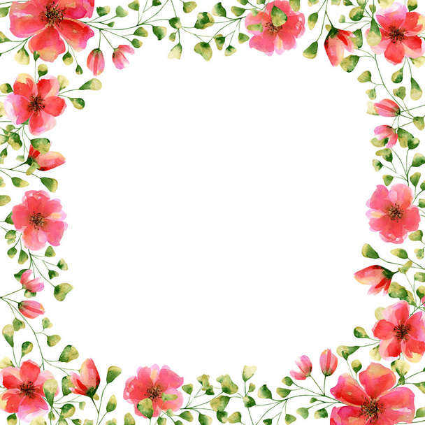 Čtvercový akvarel s růžemi, květy a větvemi. Květinový rámeček s červenou a zelenou rostlinou pro svatební pozvánky, transparenty - Fotografie, Obrázek