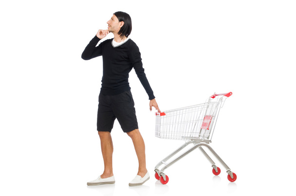 Man winkelen met supermarkt mand kar geïsoleerd op wit - Foto, afbeelding