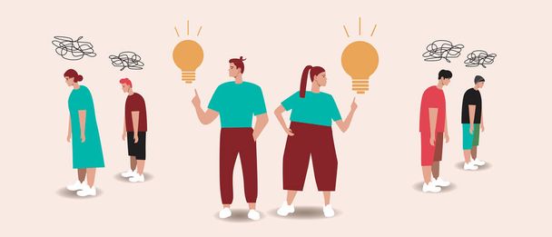 A couple as a team with an idea, chaos in people's minds. Flat vector stock illustration. Teamwork with a light bulb as a symbol of an idea. The concept of synergy, teamwork - Vector, Image