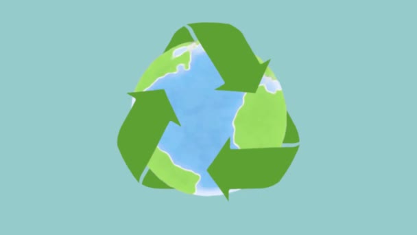 Loopable rajzfilm animáció egy újrahasznosítási szimbólum körül a Föld bolygó  - Felvétel, videó