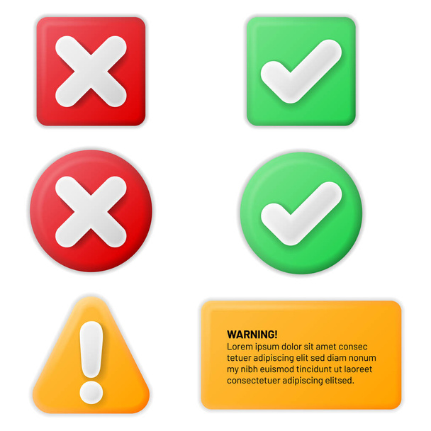 Set of red, green and yellow plastic buttons with check and warning symbols - vector illustration - Vector, Image