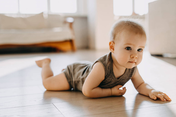 8 months old baby crawling on the floor at home. - Fotografie, Obrázek