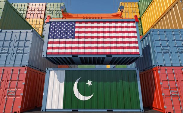 Freight containers with USA and Pakistan national flags. 3D Rendering  - Foto, Imagem