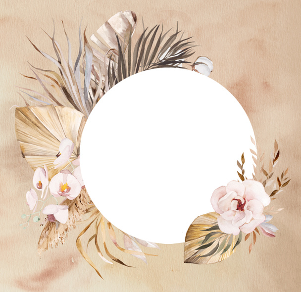 Watercolor Bohemian round frame with tropical and cotton flowers, dried palm leaves and pampas grass illustration with watercolor background, copy space. Beige Element for wedding design, crafting - 写真・画像