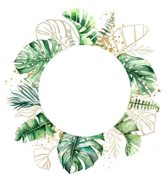 Gouden cirkel frame met groene en gouden aquarel tropische palm, banaan en monstera bladeren illustratie. Elegante Element voor bruiloft ontwerp, wenskaarten en knutselen, plaats voor tekst - Foto, afbeelding