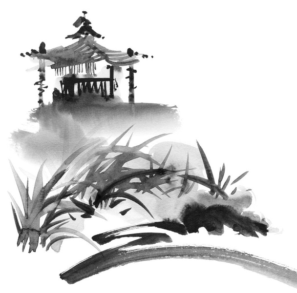 Pintura de tinta de paisagem com pagode e alguma vegetação. Pintura tradicional oriental em estilo sumi-e. - Foto, Imagem