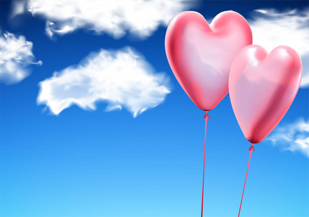 3d pink hearts balloon couple on blue sky with clouds background. Valentine's day. Vector illustration. - Vector, Image