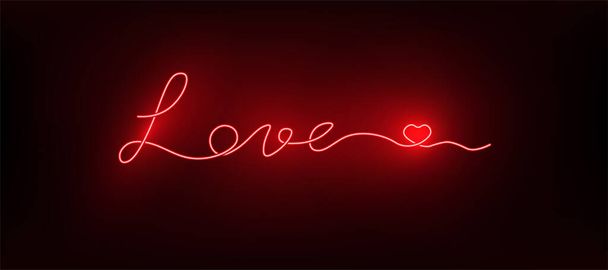 Geschreven lijn kunst continue liefde tekst met hart vorm in rood neon stijl design. Vector gloeiende abstracte achtergrond voor banner, omslag, verkoop, Valentijnskaart. - Vector, afbeelding