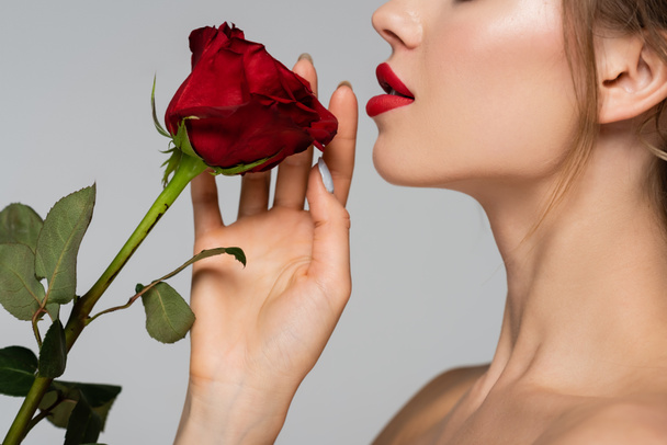 side view of cropped woman with red lips near fresh rose isolated on grey - Foto, afbeelding