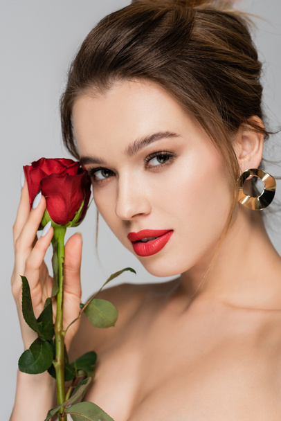 close up view of charming woman with makeup looking at camera near red rose isolated on grey - Fotoğraf, Görsel