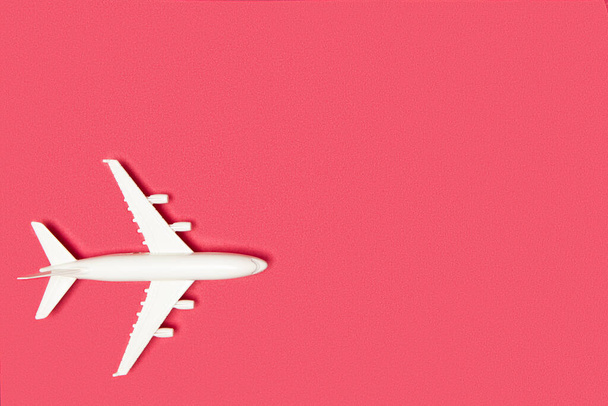 Airplane model. White plane on pink background. Travel vacation concept. Summer background. Flat lay. - Photo, image