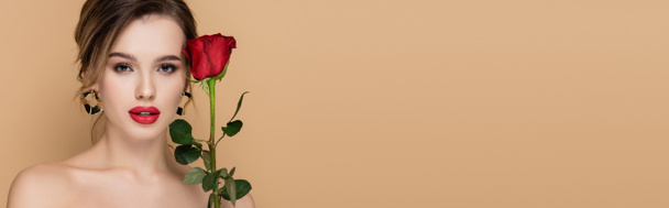 pretty woman with makeup and bare shoulders looking at camera near red rose isolated on beige, banner - Photo, Image