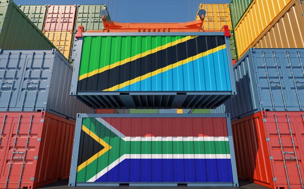 Freight containers with South Korea and Tanzania national flags. 3D Rendering  - Valokuva, kuva