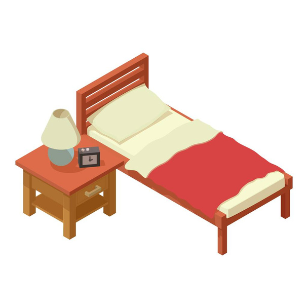 Bedroom furniture icon isometric vector. Single bed and bedside table with lamp - Vetor, Imagem