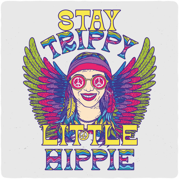 T-shirt or poster design with illustration of hippie girl and wings - Vektor, obrázek