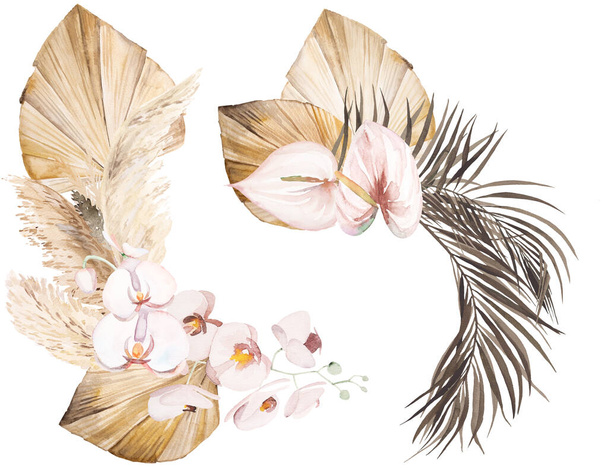 Δύο Watercolor Bohemian ανθοδέσμες με τροπικά και βαμβακερά λουλούδια, αποξηραμένα φύλλα φοίνικα και πάμπας χόρτο εικονογράφηση με αντίγραφο χώρο απομονωμένο. Σύνθεση μπεζ για σχεδιασμό γάμου, ευχετήριες κάρτες, χειροτεχνία - Φωτογραφία, εικόνα