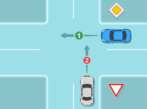 Autorijden en verkeersregels. Hoofd- of hoofdweg en wegwijzerregel. Auto 's op kruispunt. Prioriteit op kruispunt infographic. template voor vlakke vectorillustraties. - Vector, afbeelding