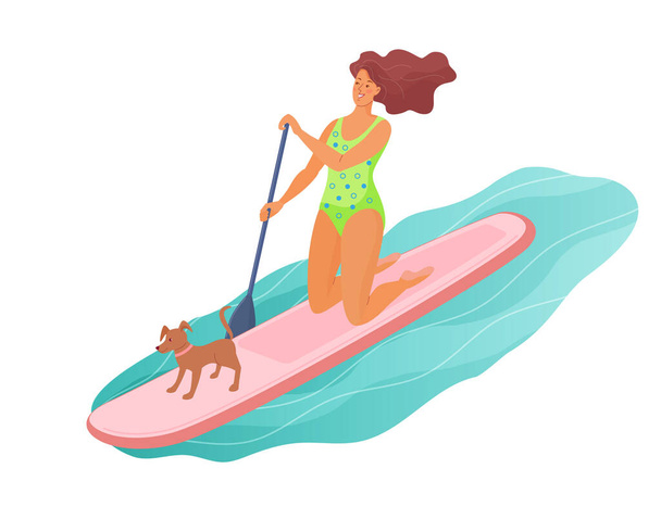 Γονατίζοντας γυναίκα είναι κωπηλασία με κουπί του σκάφους στο νερό με το σκυλί συντροφιάς. Επιβίβαση σε εξωτερική δραστηριότητα. Διάνυσμα απομονωμένη πολύχρωμη απεικόνιση σε στυλ κινουμένων σχεδίων. - Διάνυσμα, εικόνα