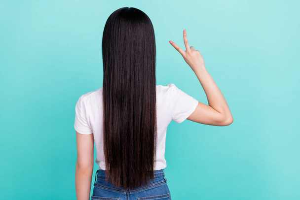 Back rear view photo of young asian girl anonym long hair treatment show peace v-sign isolated over turquoise color background - Fotografie, Obrázek